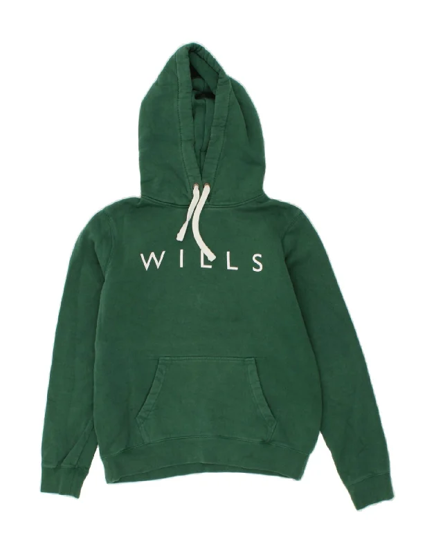 JACK WILLS Womens Graphic Hoodie Jumper UK 14 Large  Green Cotton Hoodie with Full-Zip Functional Layering