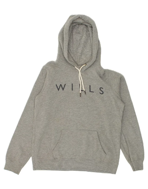 JACK WILLS Womens Graphic Hoodie Jumper UK 14 Large  Grey Cotton Hoodie with Hem Fringe Bohemian Relaxed