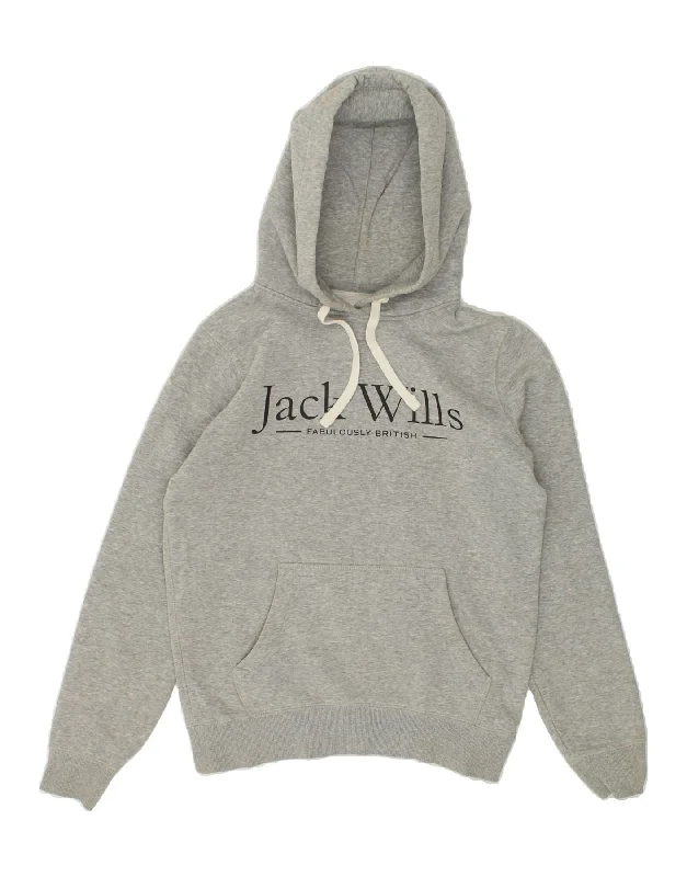 JACK WILLS Womens Graphic Hoodie Jumper UK 6 XS Grey Cotton Hoodie with Hem Patch Decorative Personalized