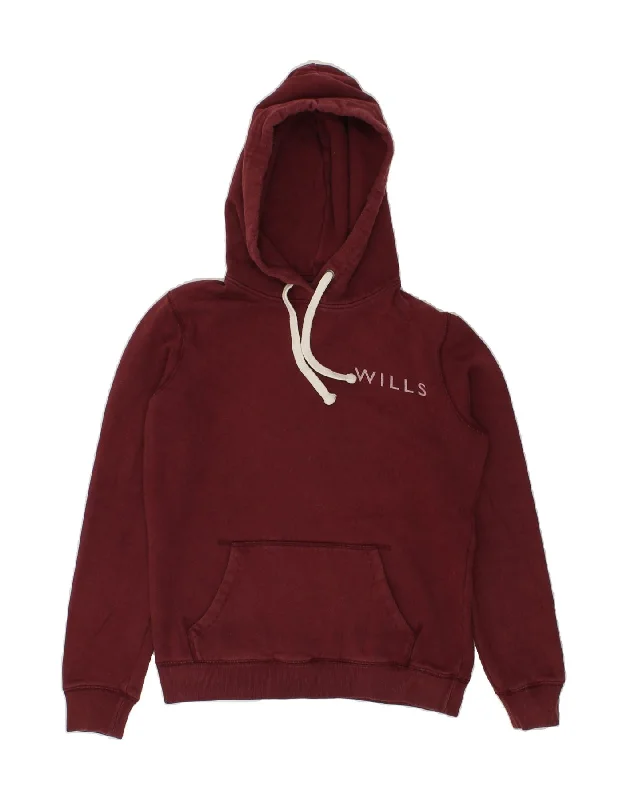 JACK WILLS Womens Graphic Hoodie Jumper UK 8 Small Burgundy Cotton Hoodie Jacket Zipper Layering