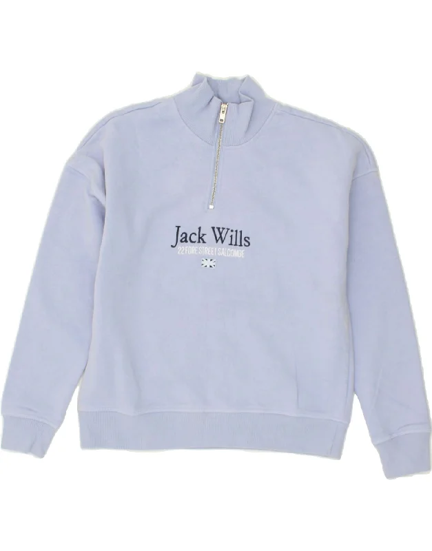 JACK WILLS Womens Graphic Zip Neck Sweatshirt Jumper UK 10 Small  Purple Hoodie with Button Placket Classic Preppy