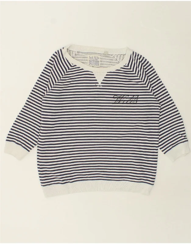 JACK WILLS Womens Sweatshirt Jumper UK 12 Medium  Navy Blue Striped Cotton Hoodie with Magnetic Closure Innovative Modern