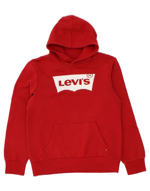 LEVI'S Boys Graphic Hoodie Jumper 13-14 Years Red Cotton Hoodie with Velcro Closure Adjustable Secure