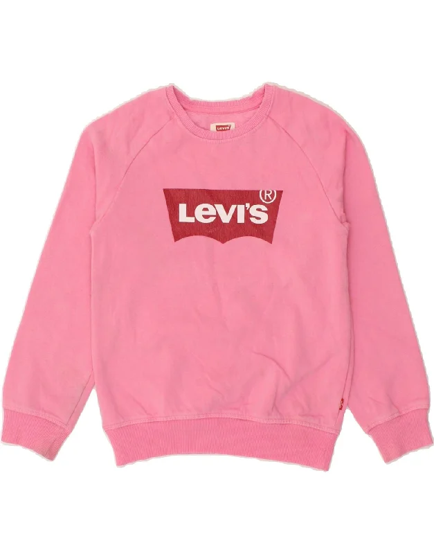 LEVI'S Girls Crop Graphic Sweatshirt Jumper 14-15 Years Large Pink Hoodie with Batwing Sleeves Loose Dramatic