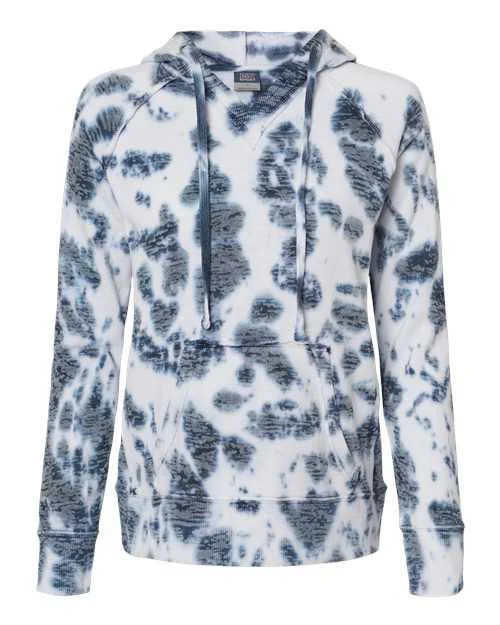 MV Sport W1162 Womens Courtney Burnout V-Notch Hooded Sweatshirt - Navy Tie Dye Hoodie with Hem Raw Edge Edgy Unfinished