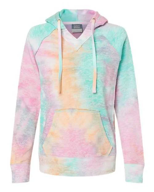 MV Sport W1162 Womens Courtney Burnout V-Notch Hooded Sweatshirt - Rainbow Sorbet Hoodie with Hem Frayed Vintage Worn