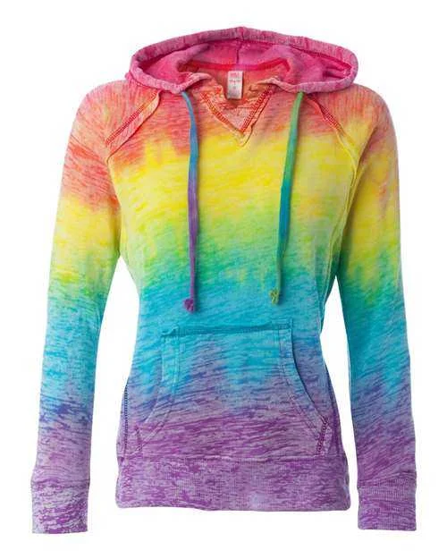 MV Sport W1162 Womens Courtney Burnout V-Notch Hooded Sweatshirt - Rainbow Stripe Graphic Hoodie Design Print