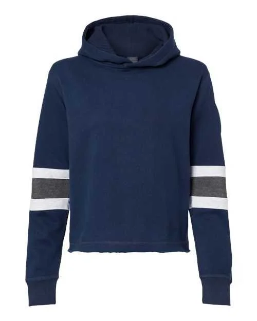 MV Sport W22135 Women's Sueded Fleece Thermal Lined Hooded Sweatshirt - Navy Ash Charcoal Hoodie with Metallic Shiny Futuristic