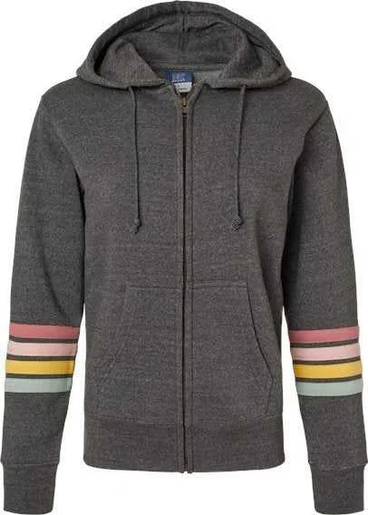 MV Sport W22732 Women's Striped Sleeves Full-Zip Hooded Sweatshirt - Charcoal Hoodie with Earth Tones Natural Calm