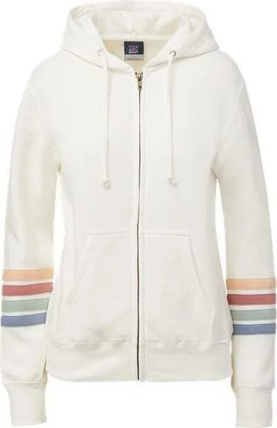 MV Sport W22732 Women's Striped Sleeves Full-Zip Hooded Sweatshirt - Ivory Hoodie with Monochrome Minimalist Simple