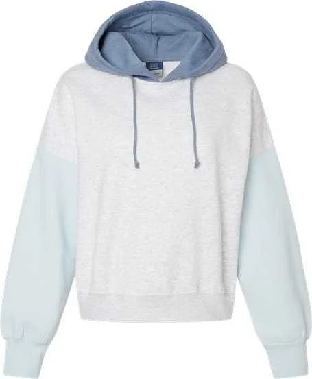 MV Sport W23716 Women's Sueded Fleece Colorblocked Crop Hooded Sweatshirt - Arctic Blue Hoodie with Raglan Sleeves Sporty Comfortable