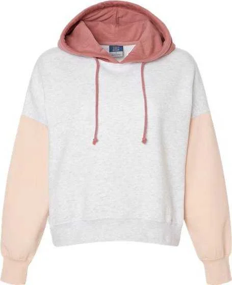 MV Sport W23716 Women's Sueded Fleece Colorblocked Crop Hooded Sweatshirt - Cameo Pink Hoodie with Bell Sleeves Flared Feminine