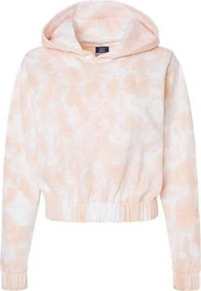 MV Sport W23718 Women's Sueded Fleece Tie-Dyed Crop Hooded Sweatshirt - Cameo Pink Hoodie with Zipper Placket Modern Functional