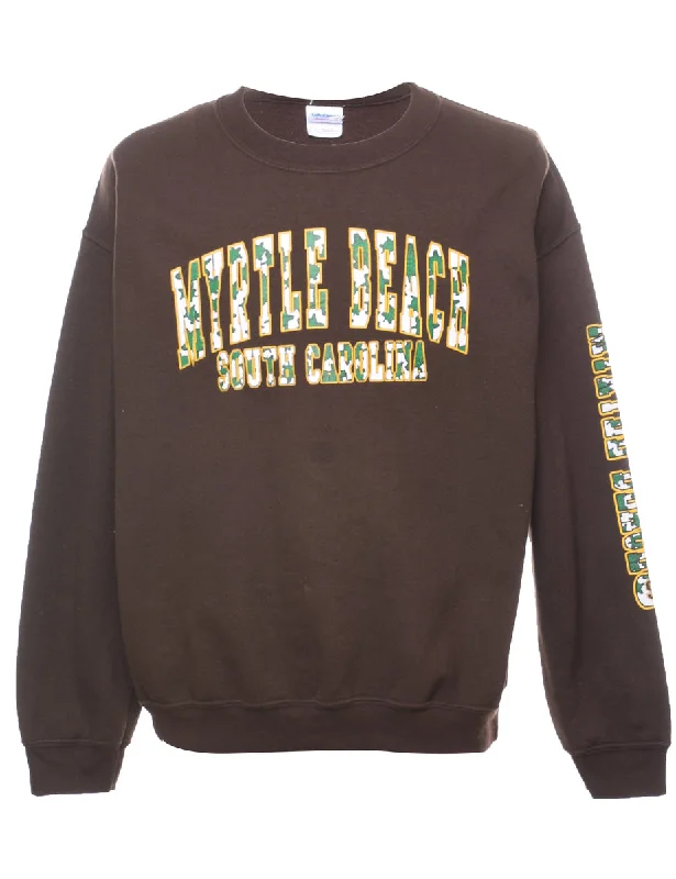 Myrtle Beach Printed Brown Sweatshirt - L Hoodie with Button Classic Timeless