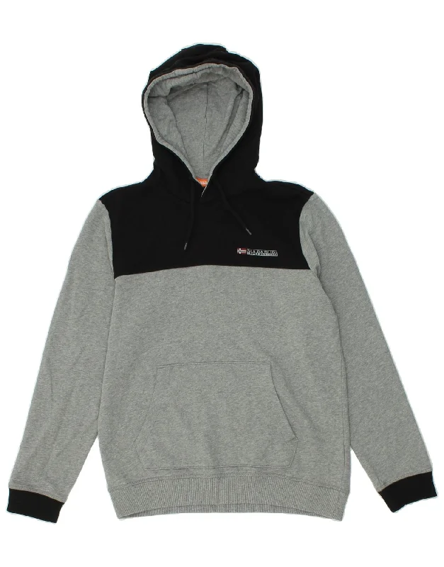 NAPAPIJRI Mens Hoodie Jumper Medium Grey Colourblock Cotton Hoodie Crop Top Short Trendy NAPAPIJRI Mens Hoodie Jumper Medium Grey Colourblock Cotton Hoodie Crop Top Short Trendy