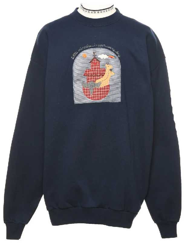 Navy 1990s Embroidered Sweatshirt - XL Hoodie with Distressed Vintage Worn