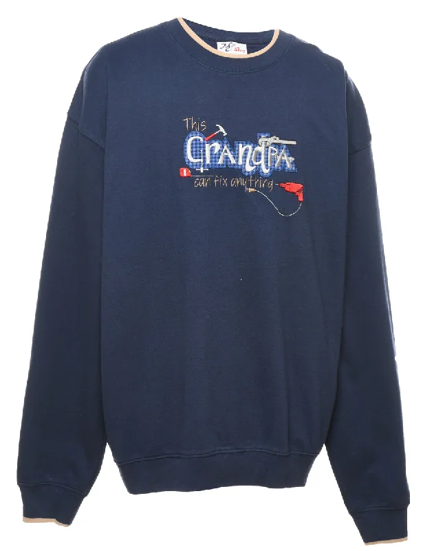 Navy Grandpa Embroidered Sweatshirt - XL Hoodie with Typography Text Message