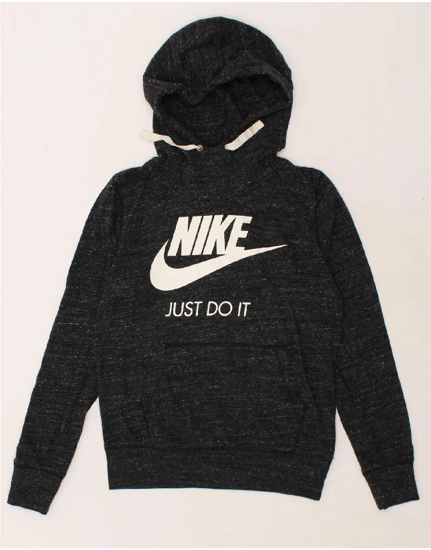 NIKE Womens Graphic Hoodie Jumper UK 14 Medium Grey Flecked Cotton Hoodie with Back Slit Movement Comfort