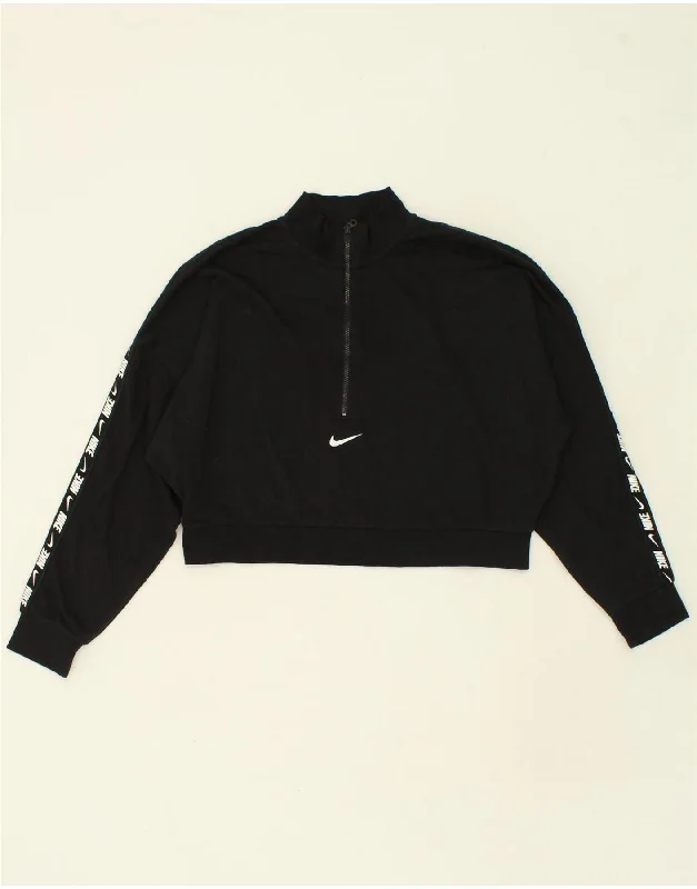 NIKE Womens Oversized Graphic Zip Neck Sweatshirt Jumper UK 18 XL Black Hoodie with Back Slit Movement Comfort