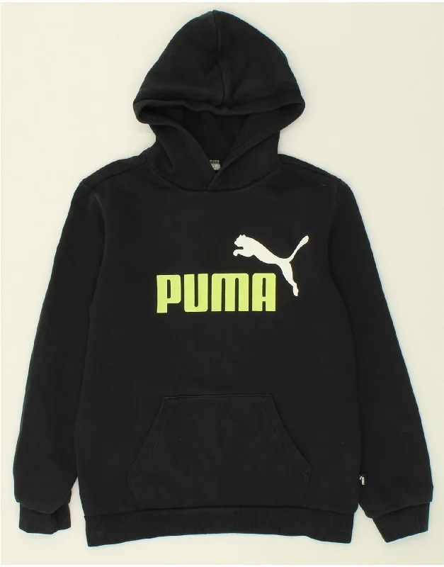 PUMA Boys Graphic Hoodie Jumper 13-14 Years Black Cotton Hoodie with Hem Embroidery Detailed Premium PUMA Boys Graphic Hoodie Jumper 13-14 Years Black Cotton Hoodie with Hem Embroidery Detailed Premium