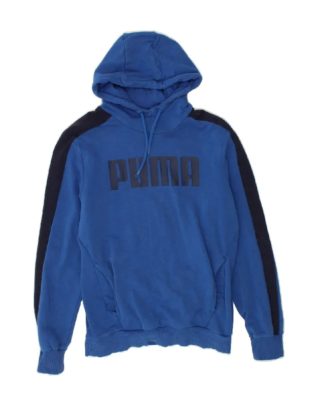 PUMA Mens Graphic Hoodie Jumper Small Blue Colourblock Cotton Hoodie with Thumb Holes Functional Cozy