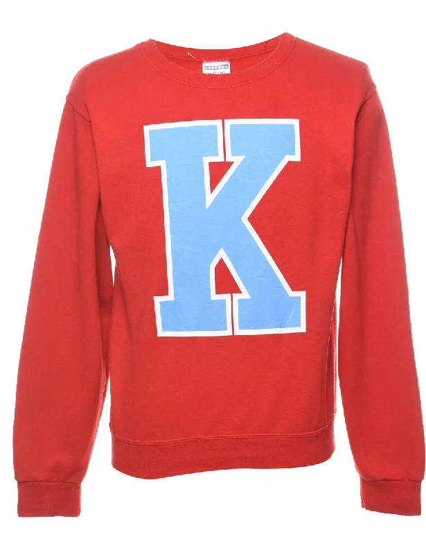 Red & Light Blue Printed Sweatshirt - S Hoodie with Strings Custom Fit Adjustable