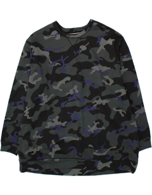 REEBOK Mens Sweatshirt Jumper 5XL Grey Camouflage Polyester Hoodie with Snap Buttons Easy Quick