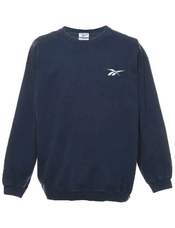 Reebok Navy Plain Sweatshirt - L Hoodie with Hem Frayed Vintage Worn