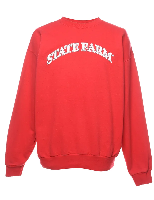 State Farm Printed Red & White Sweatshirt - L Hoodie with Hem Frayed Vintage Worn