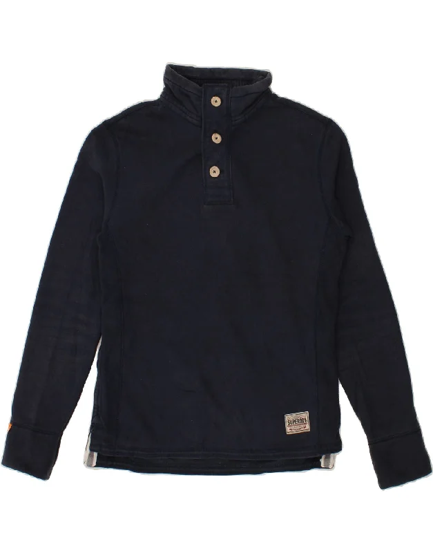 SUPERDRY Mens Button Neck Sweatshirt Jumper Medium Navy Blue Cotton Hoodie with Color Block Contrast Stylish