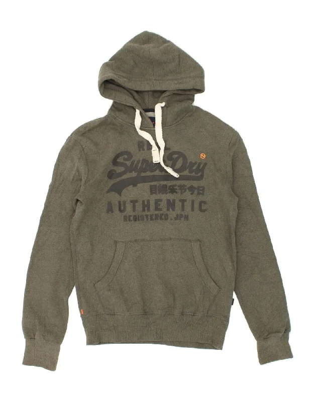 SUPERDRY Mens Graphic Hoodie Jumper Small Khaki Cotton Hoodie with Ribbed Hem Stretchable Secure