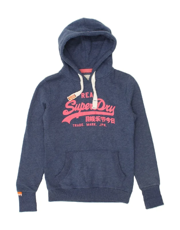 SUPERDRY Womens Graphic Hoodie Jumper UK 10 Small Navy Blue Cotton Hoodie with Tie-Dye Psychedelic Retro