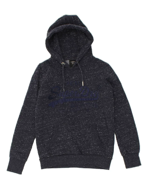 SUPERDRY Womens Graphic Hoodie Jumper UK 10 Small Navy Blue Flecked Cotton Hoodie with Hidden Zipper Minimalist Clean