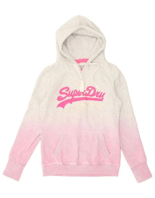 SUPERDRY Womens Graphic Hoodie Jumper UK 10 Small Pink Colourblock Cotton Hoodie with Pocket Utility Practical