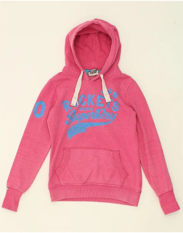 SUPERDRY Womens Graphic Hoodie Jumper UK 10 Small Pink Cotton Hoodie with Tied Waist Feminine Flattering