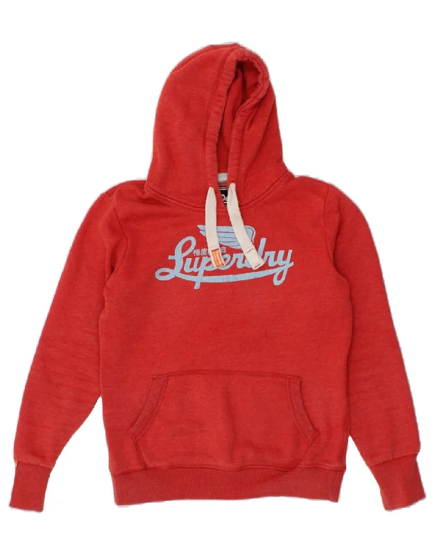 SUPERDRY Womens Graphic Hoodie Jumper UK 16 Large Red Cotton Hoodie with Neon Bright Vibrant