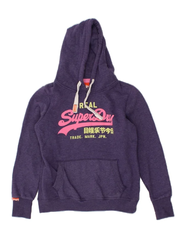 SUPERDRY Womens Graphic Hoodie Jumper UK 18 XL Purple Cotton Hoodie with Fur Luxurious Winter