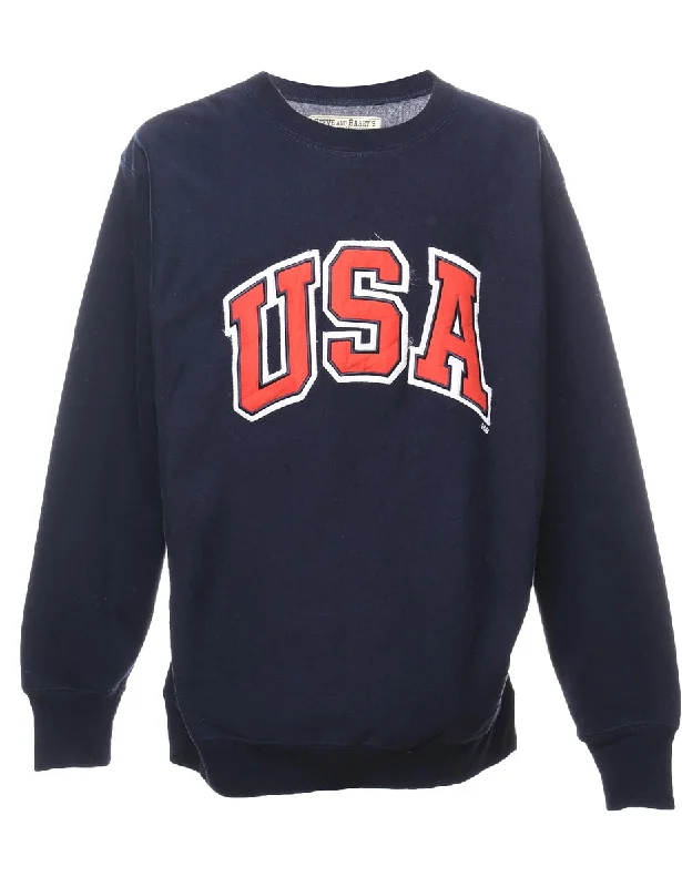 USA Navy & Orange Appliqued Sweatshirt - L Hoodie with Emblem Brand Identity