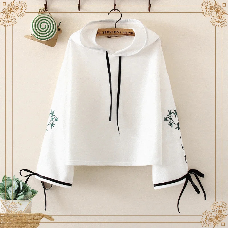 Women's Casual Leaf Embroidered Lace-up Sleeved Hoodies Hoodie Crop Top Short Trendy Women's Casual Leaf Embroidered Lace-up Sleeved Hoodies Hoodie Crop Top Short Trendy