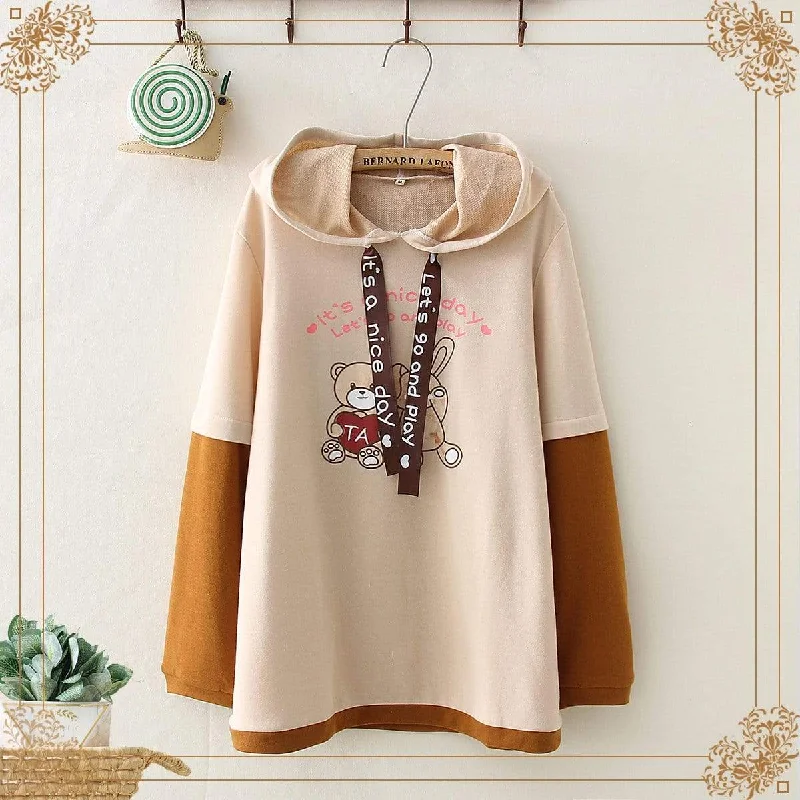 Women's Contrast Color Bears Printed Hoodies Hoodie with V-Neck Classic Versatile