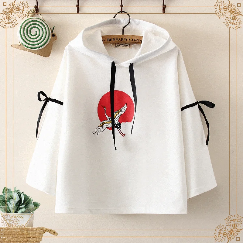 Women's Haeajuku Crane Printed Lace-up Sleeved Hoodies Hoodie with Drawcord Adjustable Secure Women's Haeajuku Crane Printed Lace-up Sleeved Hoodies Hoodie with Drawcord Adjustable Secure