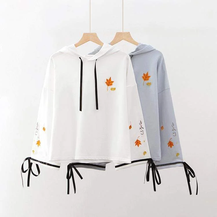 Women's Harajuku Maple Leaf Embroidered Lace-up Sleeved Hoodies Hoodie with Stripes Bold Sporty Women's Harajuku Maple Leaf Embroidered Lace-up Sleeved Hoodies Hoodie with Stripes Bold Sporty