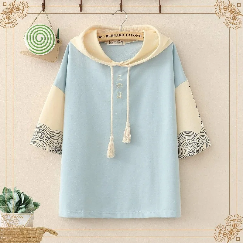 Women's Harajuku Wave Printed Sleeved Contrast Color Three-quarter Sleeved Hoodies Hoodie with Belted Waist Structured Tailored Women's Harajuku Wave Printed Sleeved Contrast Color Three-quarter Sleeved Hoodies Hoodie with Belted Waist Structured Tailored