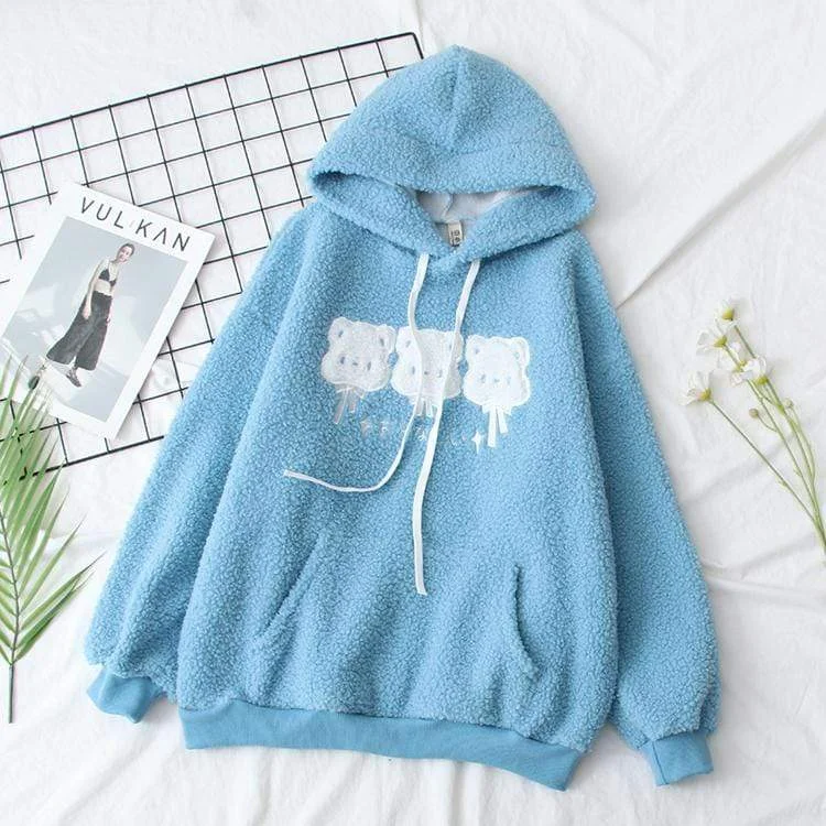 Women's Kawaii Baby Bears Wool-like Warm Hoodies Baby Blue Hoodie with Bell Sleeves Flared Feminine Women's Kawaii Baby Bears Wool-like Warm Hoodies Baby Blue Hoodie with Bell Sleeves Flared Feminine