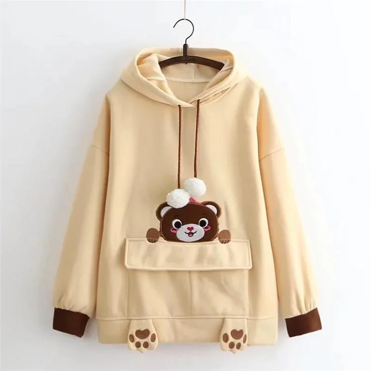 Women's Kawaii Bear Embroidered Contrast Color Hoodies Hoodie with Turtle Neck Cozy Winter Women's Kawaii Bear Embroidered Contrast Color Hoodies Hoodie with Turtle Neck Cozy Winter