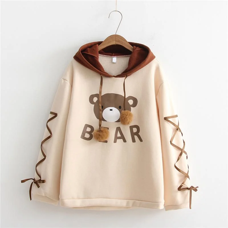 Women's Kawaii Bear Printed Lace-up Sleeved Contrast Color Hoodies Hoodie with Front Slit Layering Stylish Women's Kawaii Bear Printed Lace-up Sleeved Contrast Color Hoodies Hoodie with Front Slit Layering Stylish