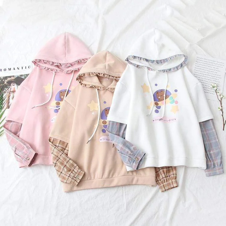 Women's Kawaii Bear Spaceship Hoodies Splicing Plaid Shirts Hoodie with Oversized Fit Loose Comfortable Women's Kawaii Bear Spaceship Hoodies Splicing Plaid Shirts Hoodie with Oversized Fit Loose Comfortable