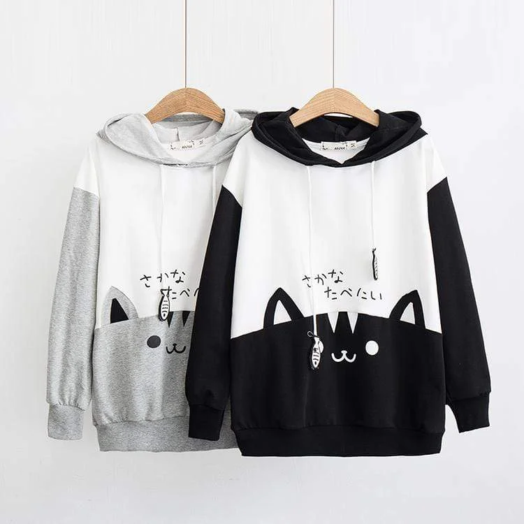 Women's Kawaii Big Cat Printed Contrast Color Hoodies Hoodie with Ribbed Hem Stretchable Secure