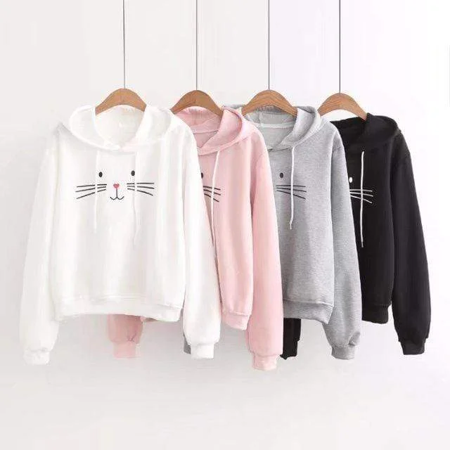 Women's Kawaii Cat Face Printed Pure Color Hoodies Hoodie with Cropped Fit Short Trendy Women's Kawaii Cat Face Printed Pure Color Hoodies Hoodie with Cropped Fit Short Trendy