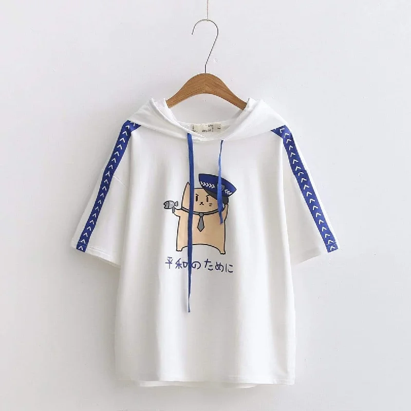 Women's Kawaii Cat Printed Contrast Color Striped Sleeved Hoodies Hoodie with Puffed Sleeves Voluminous Trendy